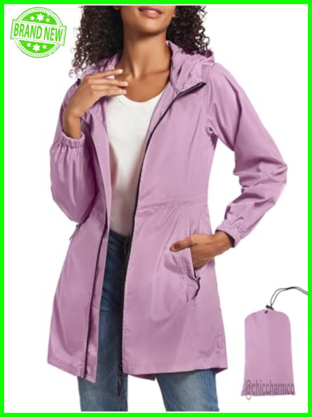 Women's Long Packable Waterproof Rain Jacket Hood Trench Raincoat